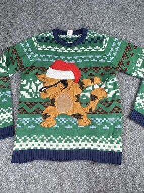 Holiday Time Ugly Christmas Sweater Women XL Green Cat Dabbing Santa Hat Novelty